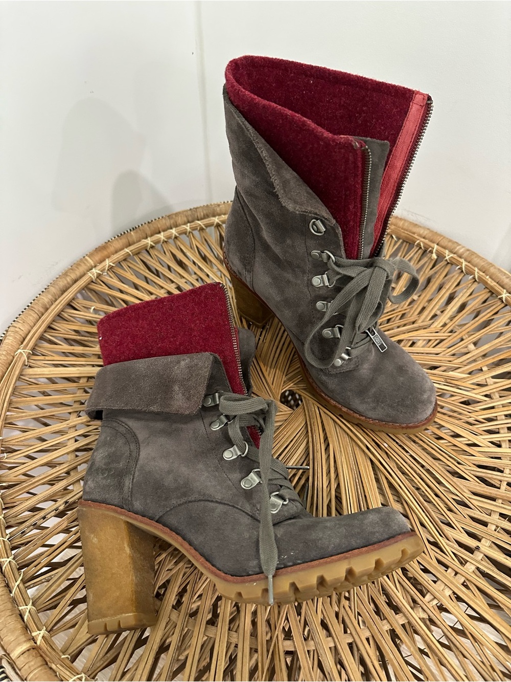 UGG Fabrice gray suede lace-up 4-inch heeled boots with burgundy wool lining